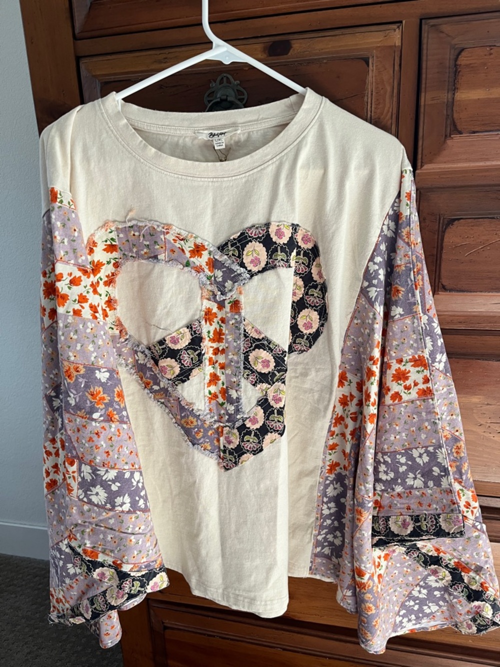 Blue Velvet Boho Patchwork Heart Tunic - Cream with Floral Sleeves NWT